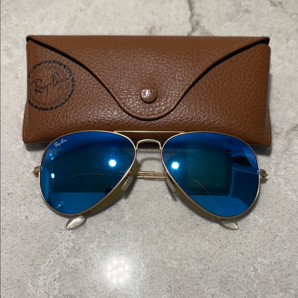 Ray-Ban Gold Frame Sunglasses with Blue Lenses